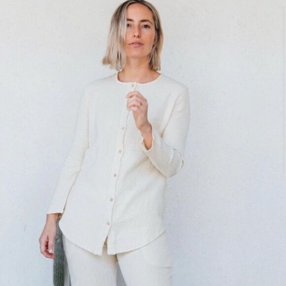 Sister Katie 100% Organic Cotton Gauze Cream Sally Button Front Shirt XS - Picture 1 of 7